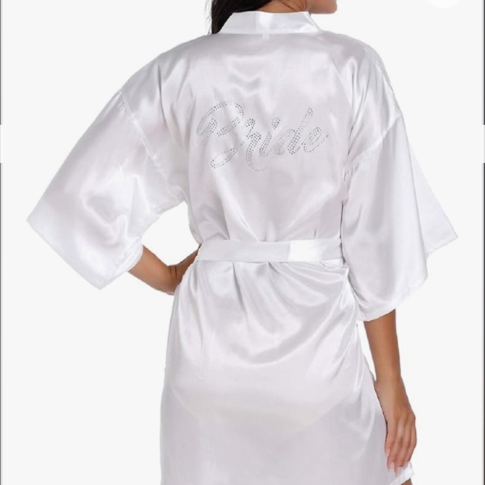 White Rhinestone Bride Wedding Silky Robe